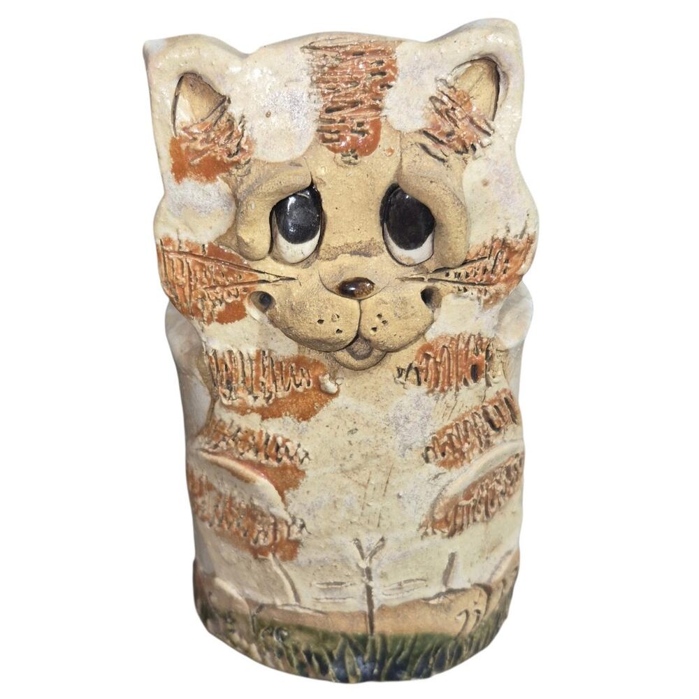 Vintage Studio Art Pottery 3D Tabby Cat Planter/ Pen Holder Max Hindt Signed